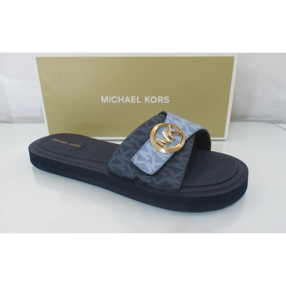 Michael Kors MK Pool Slide Sandal MK Signature Flat Comfort Chambray Blue Size 8